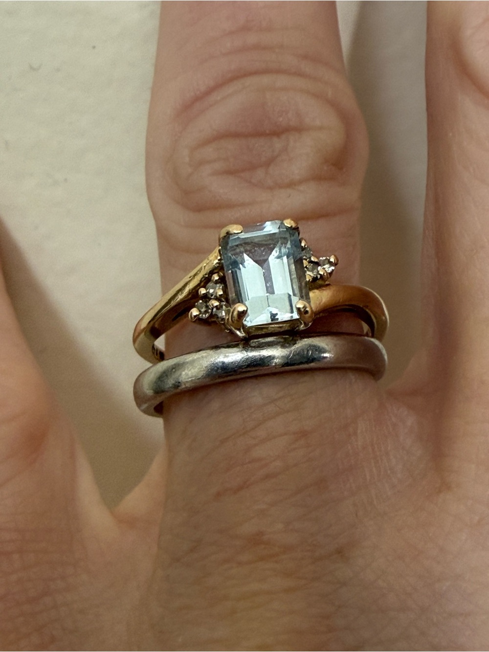 Blue Topaz Emerald Cut with Diamonds 10k Gold Ring